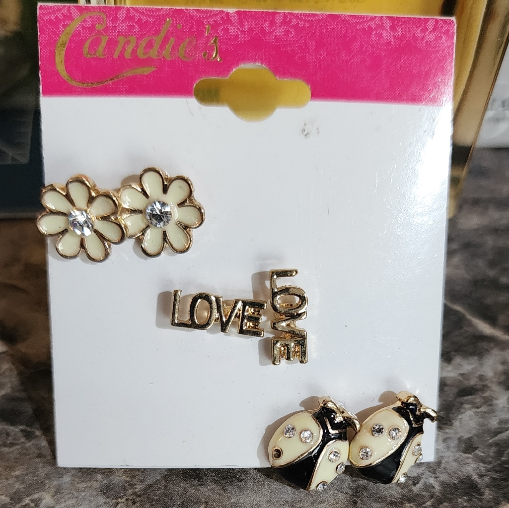 Candies Gold Tone Flower Love & Lady Bug Stud Earrings New
